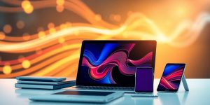 Laptop, tablet, smartphone, and tools for startup success.