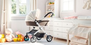 Baby stroller, toys, and clothing.
