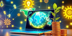 Laptop, globe, lightbulb, gears, growth, innovation.