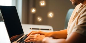 Blogger writing on laptop, surrounded by glowing SEO symbols.