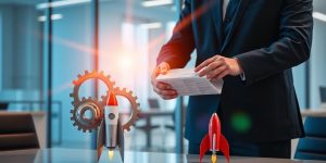 Business professionals exchanging package with floating gears and rocket model.