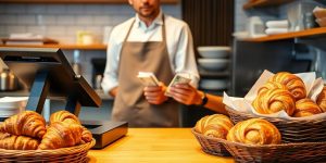 Baker counting money with pastries