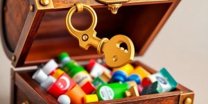 Golden key unlocking a treasure chest overflowing with products.