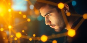 Person planning a digital strategy with scattered glowing elements.