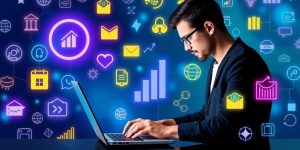 Person working on laptop with bright business icons.