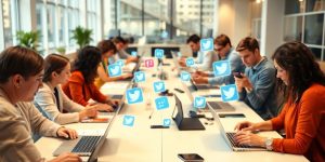 People using devices with social media icons floating around them.