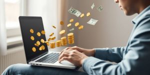 Blogger typing on laptop, money flowing from screen.