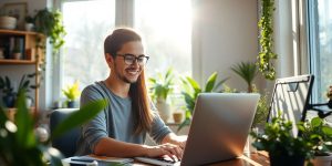 Person working on laptop at home, achieving success.