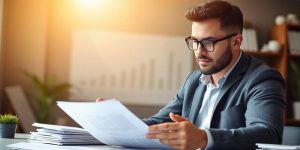 Successful small business owner looking at financial charts.
