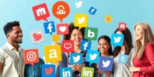Small business owners engaging with social media icons.
