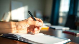 Hand with pen over open notebook.