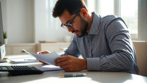 Small business owner planning finances at a desk.