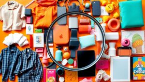 Dropshipping products collage with magnifying glass.