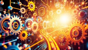 Interconnected gears and pathways suggesting growth and innovation.