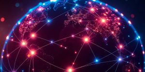Glowing network lines connecting points on a dark globe.
