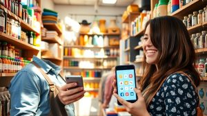 Small business owner interacting with customer, smartphone visible.