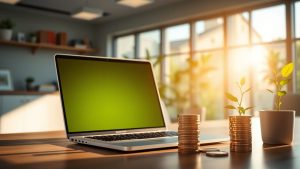 Laptop with upward trend, coins, and plant.