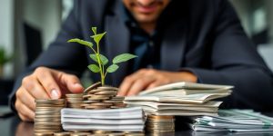Founder budgeting startup costs with coins and banknotes.