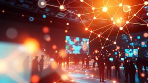 Digital community growth with interconnected nodes and upward pathways.